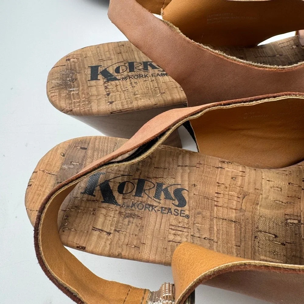 Korks by Kork Ease Sandals Women 9.5 Leather Wedge Slingback Comfort Shoes‎ Tan